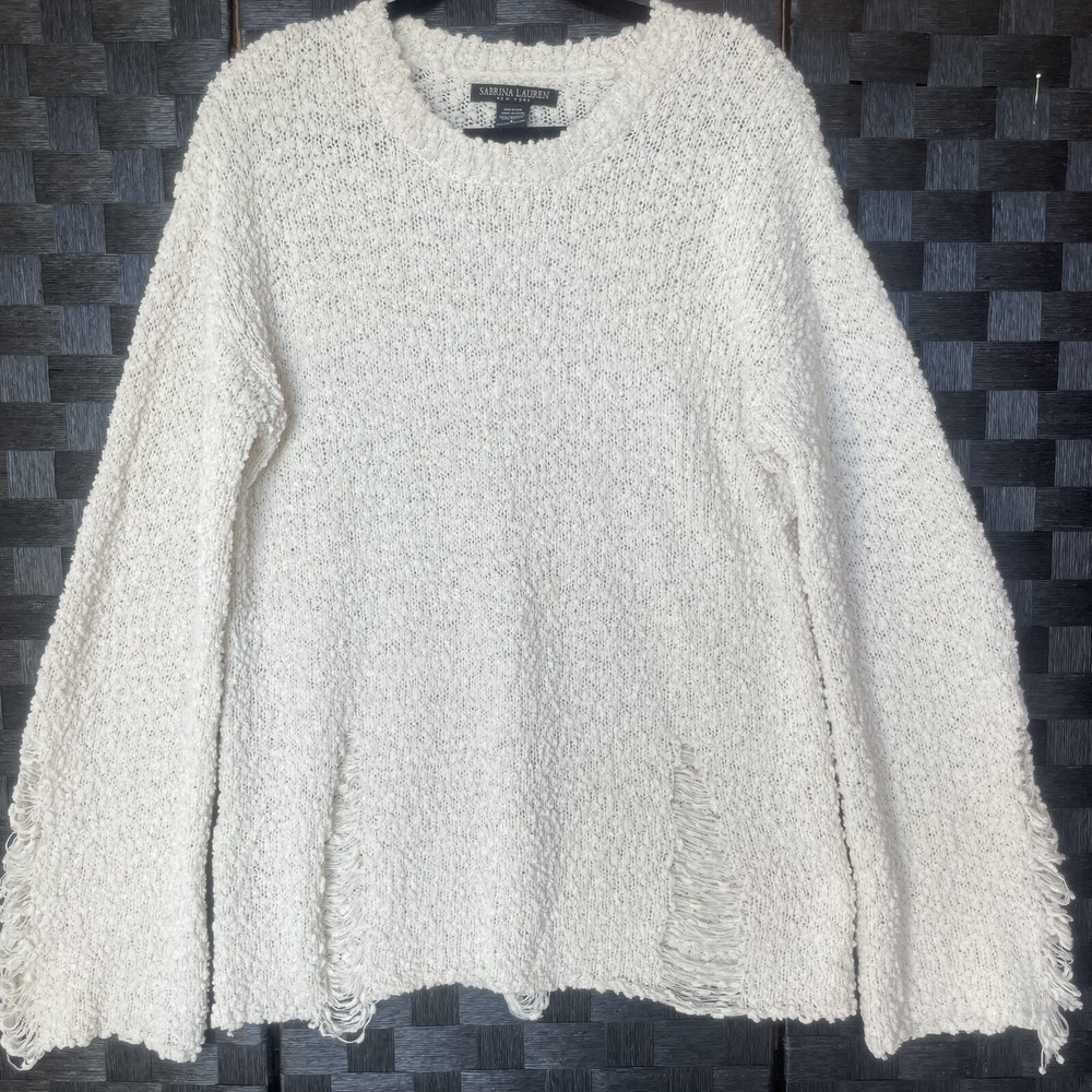 Sabrina Lauren Textured Knit Shredded Sweater Top, Cream Size Small Fits Big